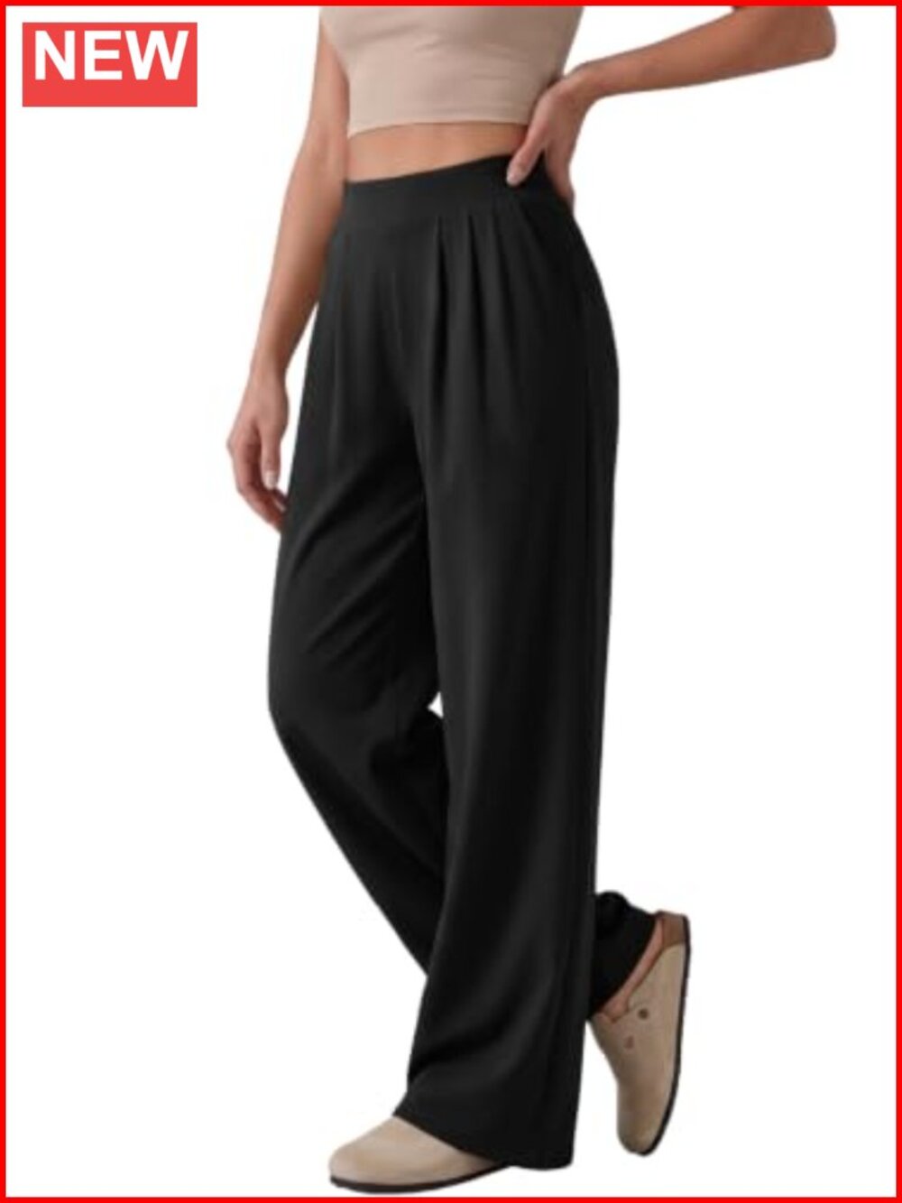 Wide Leg Stretchy High Rise Pull On Work Casual Pants Relaxed Fit